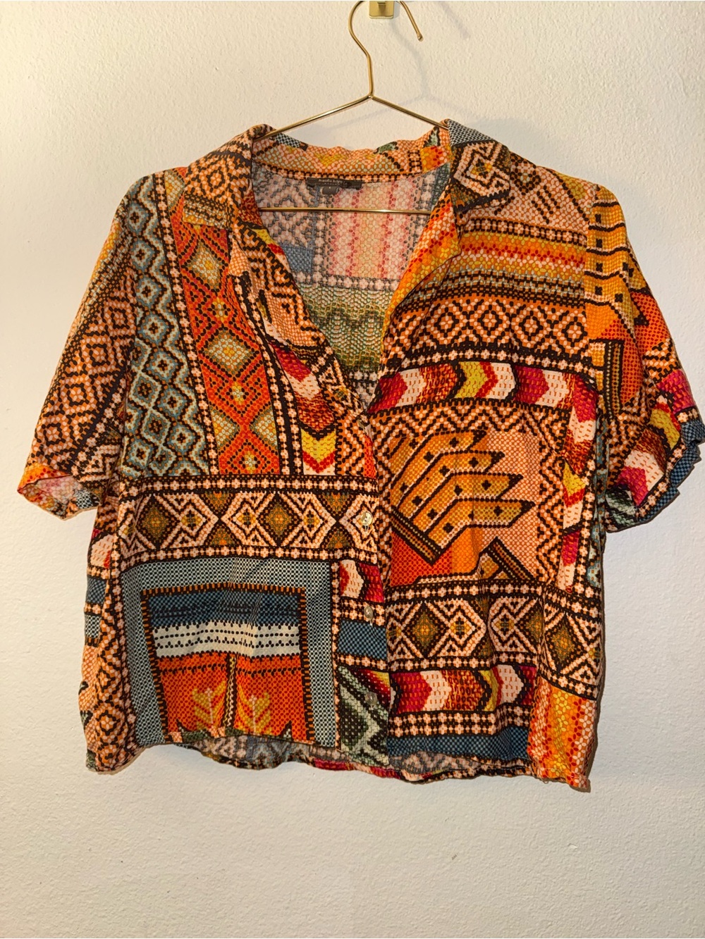 Haute Hippie Multicolor Geometric Patchwork Linen Blend Button-Down Top